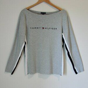Tommy Hilfiger Gray Cotton Sweater Boatneck Long Sleeve Logo Ribbed Stripe XXL